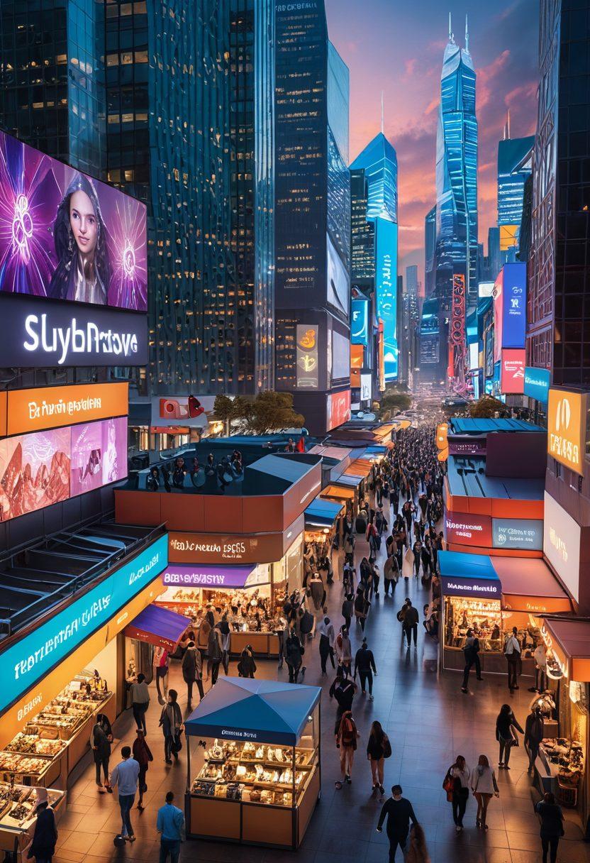 A futuristic digital marketplace bustling with diverse shoppers using various payment methods seamlessly, incorporating elements like augmented reality displays and crypto transactions, surrounded by a vibrant city skyline and modern technology. super-realistic. vibrant colors. 3D.