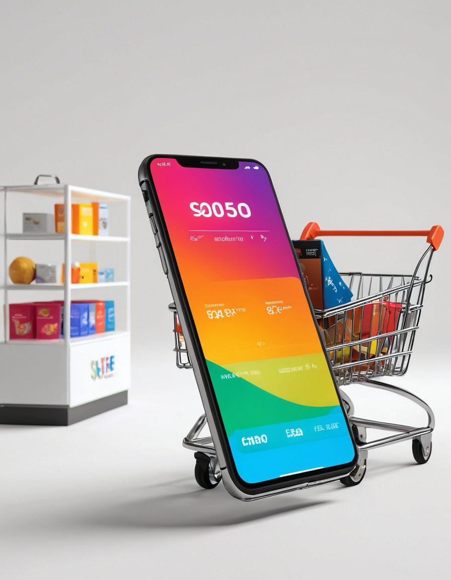 A sleek smartphone displaying various mobile payment apps, surrounded by a shopping cart filled with colorful products. Include a digital wallet showcasing a contactless payment symbol, with a background of a modern online shopping website interface. The scene should evoke a sense of convenience and innovation in shopping. super-realistic. vibrant colors. white background.